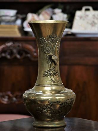 19th Century Chinese Bronze or Brass Vase  - Bird in High Relief $495