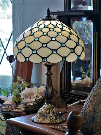 Tiffany Style Table Lamp - Bejeweled with Aquamarine Glass Orbs $425