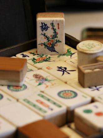 Vintage Bone & Bamboo Mahjong Set with Boards, Counters, Dice etc