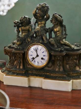 French Antique Bronze Figural Mantel Clock on Marble Base - Cherubs $3500