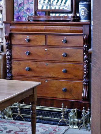 Large Mahogany Chest of Drawers - Pillars of Scroll topped Fruit $3950