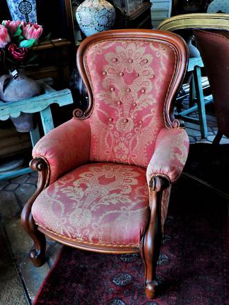  Kauri Grandfather Chair with Silk Brocade - circa 1890