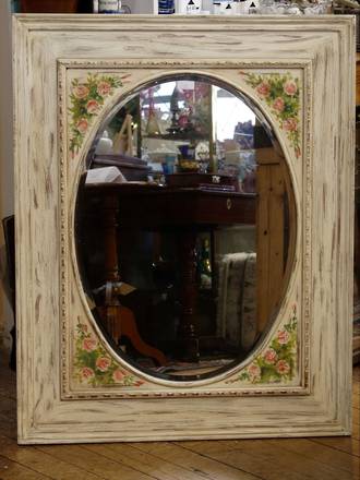Bevel Edged Mirror with Hand-Painted Frame of Roses - french Provincial Style