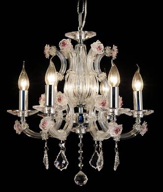 French Crystal Chandelier with hand blown Cranberry Glass Florets