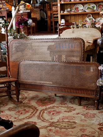Vintage French Rattan or Cane & Oak Bed - With Rails & Slats - Double $1495