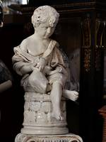 Vintage Garden Figural Statue on Pedestal - Glazed White Seated Boy $1350
