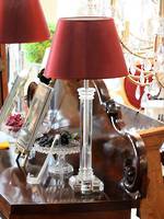Pr Designer Acrylic + Crystal Table Lamps  with  Red Silk Shades