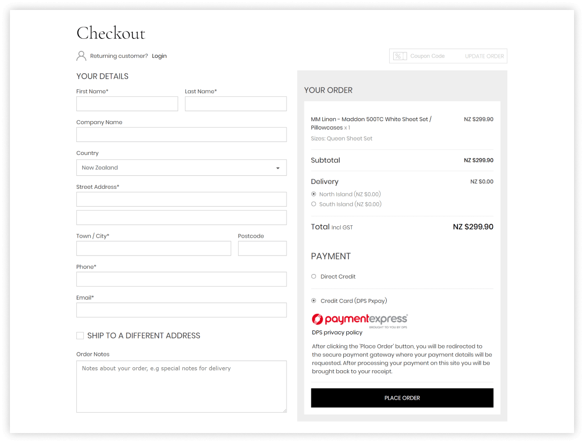 Optimised checkout page with clear delivery costs, payment options and security seals
